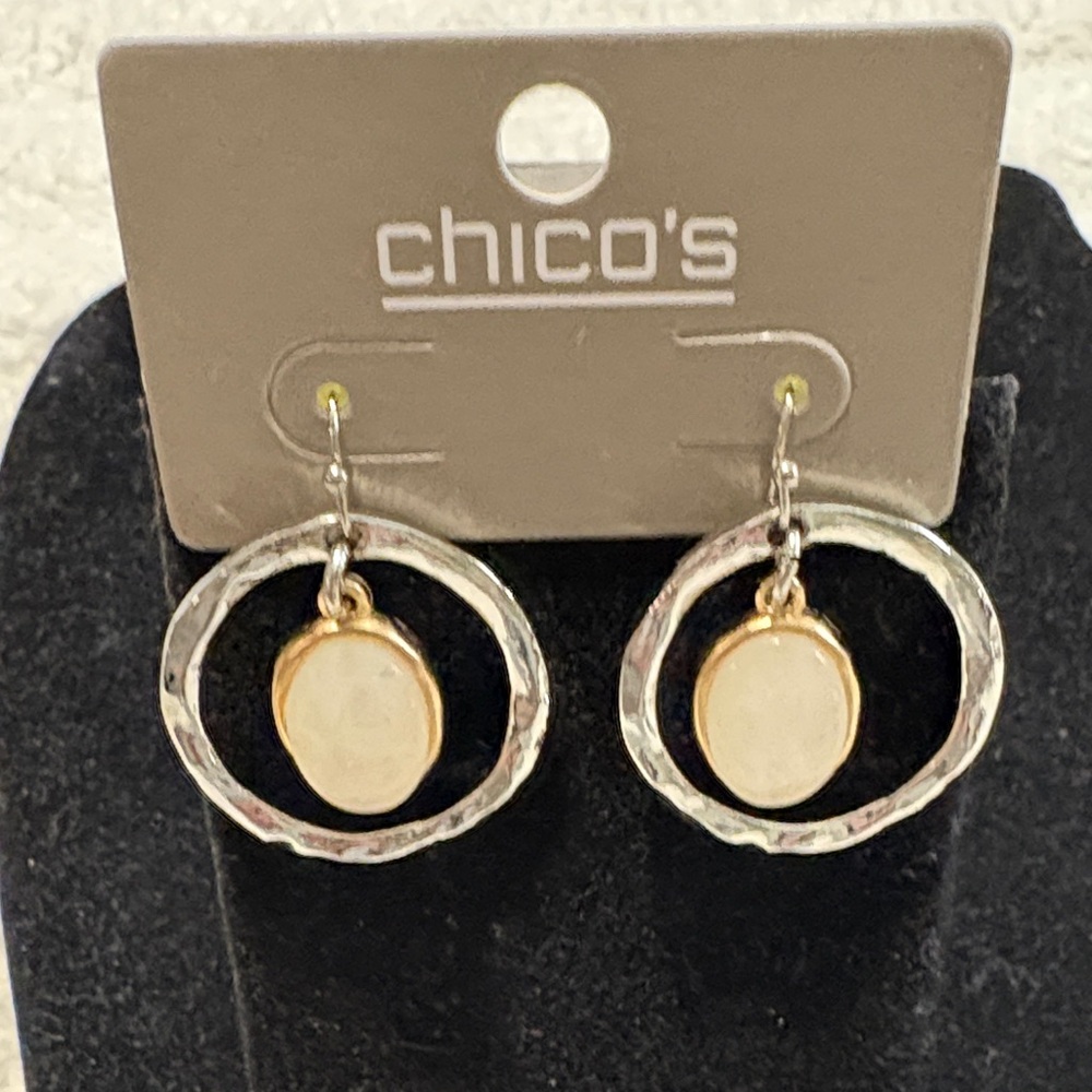 Chico's Silver Hammered Hoop Earrings with Cream Center and Gold Trim
